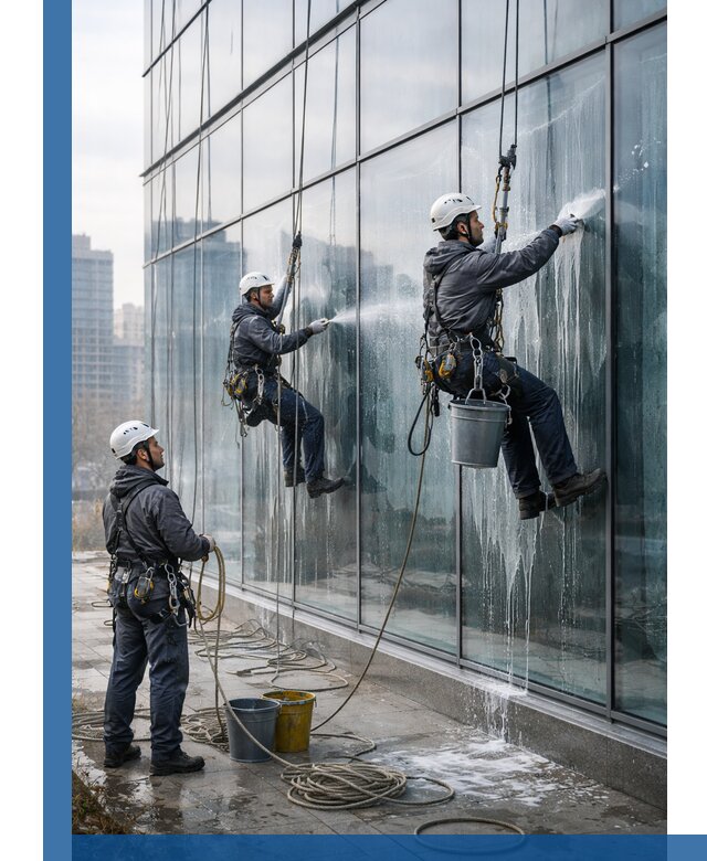 Промышленная мойка панорамных окон на высоте в Уфе