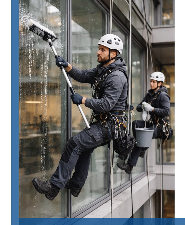 Профессиональная мойка витражей промышленными альпинистами в Уфе