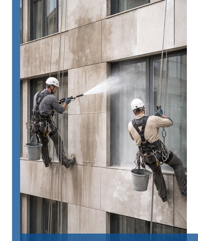 Послестроительная мойка фасада промышленным альпинизмом в Уфе