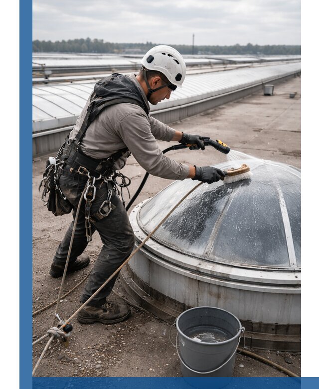 Мойка зенитных фонарей на кровле для промышленных объектов в Уфе