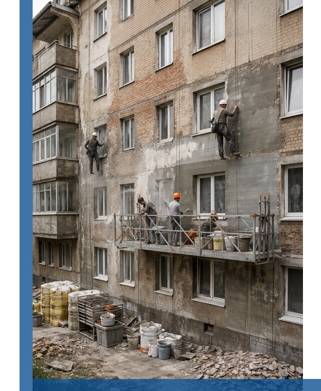 Капитальный ремонт фасада в Уфе с восстановлением и гидроизоляцией