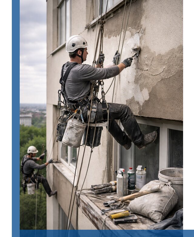 Косметический ремонт фасада зданий в Уфе промышленными альпинистами
