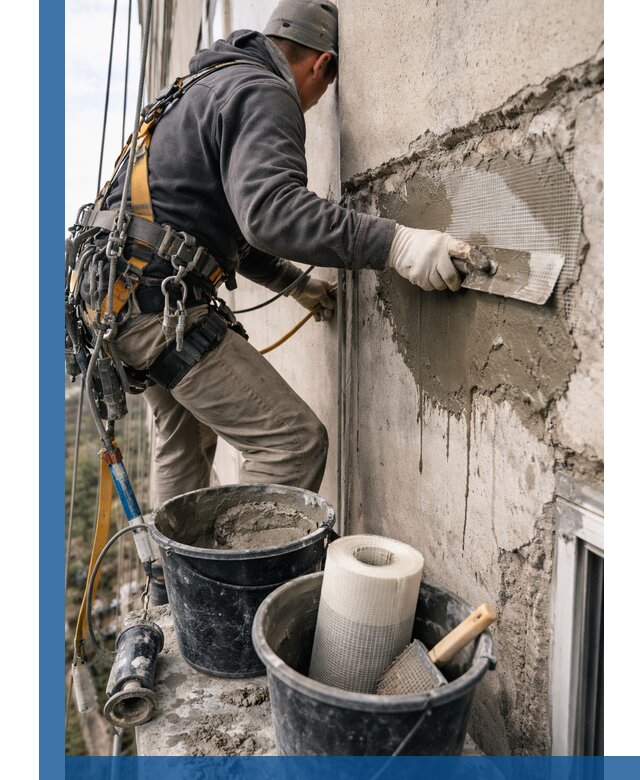 Ремонт бетонных элементов фасада промышленными альпинистами в Уфе