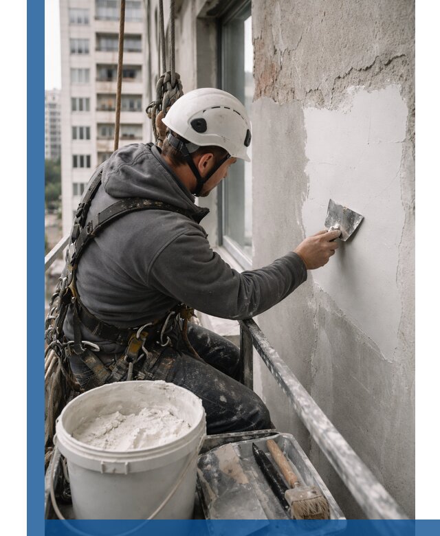 Шпаклевка фасадов на высоте с промальпинистами в Уфе