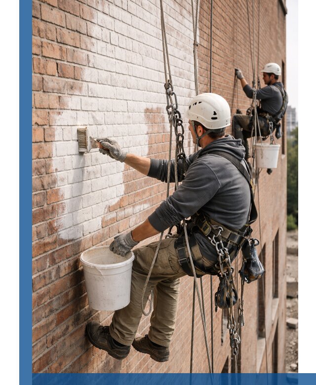 Покраска кирпичного фасада с доступным альпинистским сервисом в Уфе