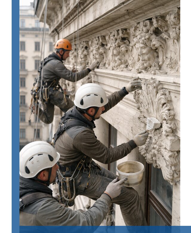 Реставрация фасадной лепнины с высотными работами в Уфе