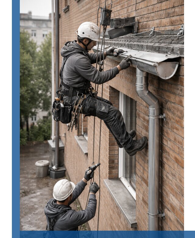 Монтаж водосточной системы на здании в Уфе под ключ