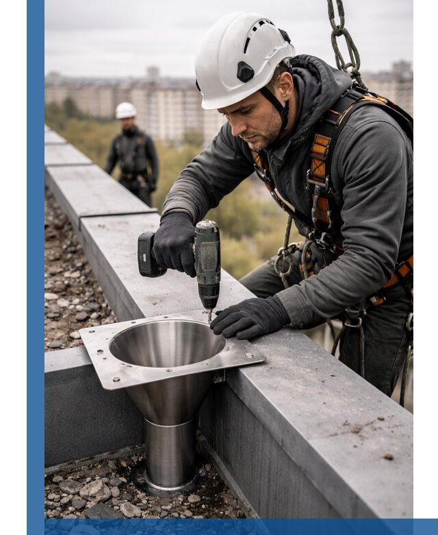 Монтаж водосточных воронок в Уфе для промышленных зданий