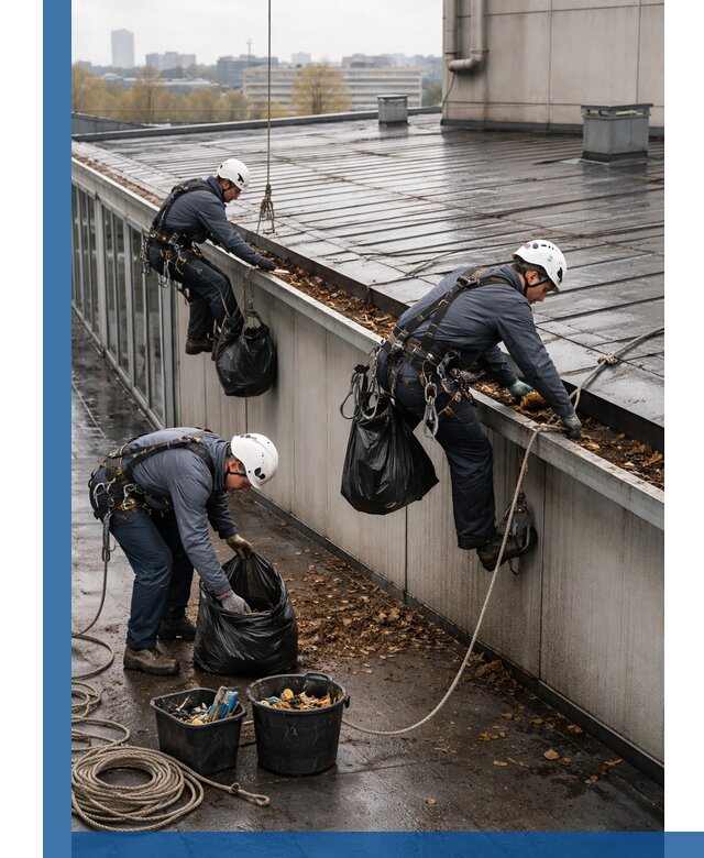 Очистка кровли по периметру в Уфе силами промышленных альпинистов