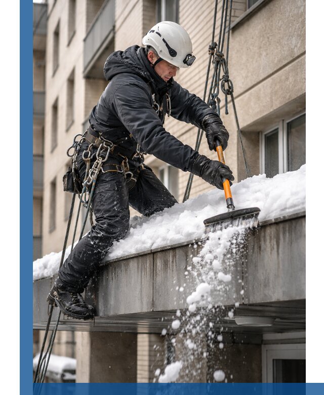 Очистка козырьков от снега в Уфе круглогодично безопасно