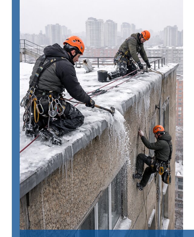 Удаление наледи с кровли в Уфе промышленными альпинистами