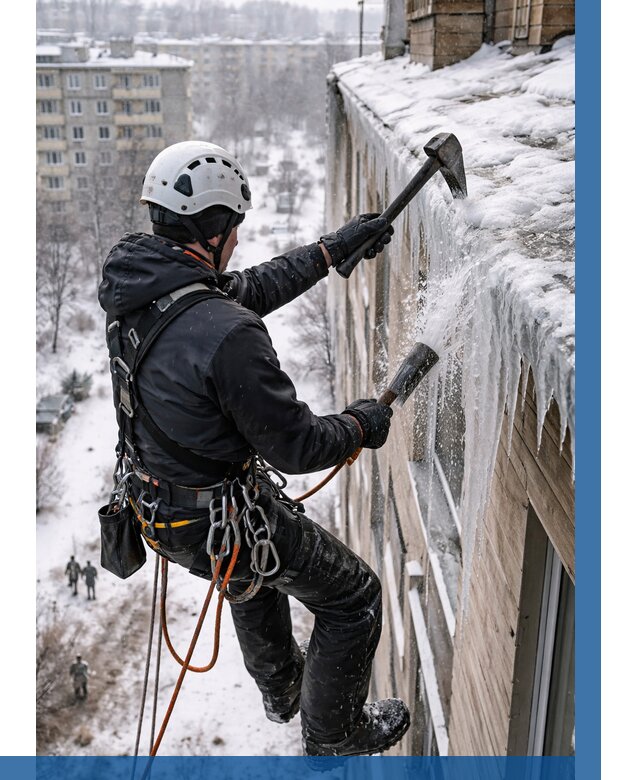 Сбивание сосулек с крыши в Уфе по цене от 4624 р. | ВЫСОТНИК-Уфа