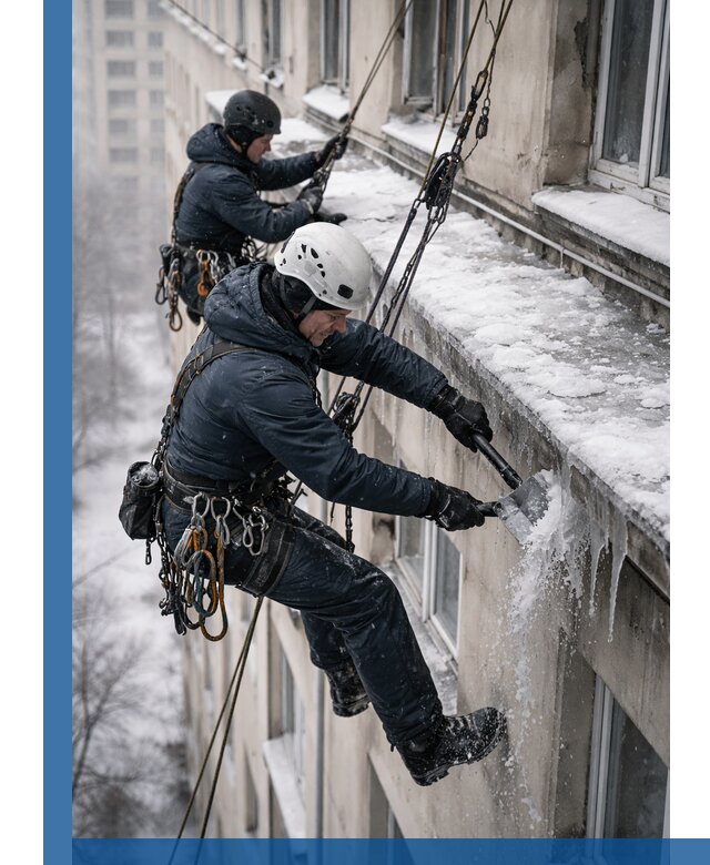 Удаление наледи и сосулек с карнизов в Уфе профессионально