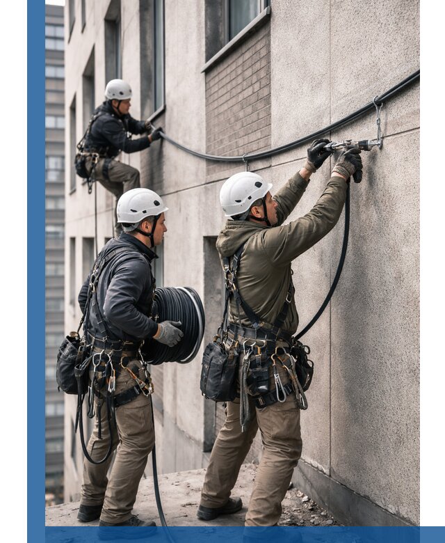 Прокладка кабеля по фасаду в Уфе, профессиональный монтаж