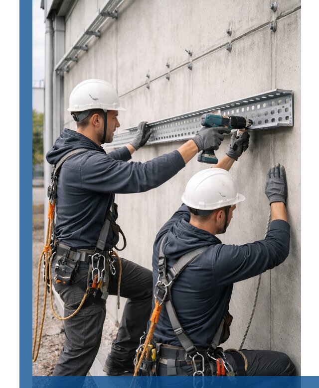 Монтаж кабельных лотков на фасаде зданий в Уфе с гарантией