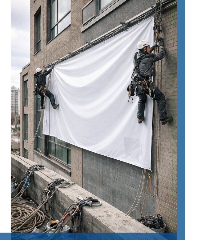 Монтаж баннеров на фасаде в Уфе от 668 р. заказать ВЫСОТНИК-Уфа