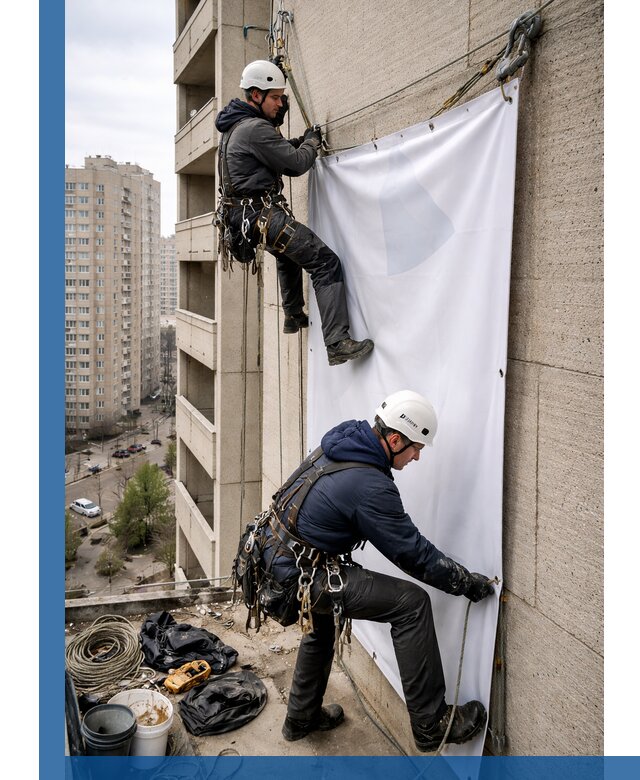 Профессиональный монтаж баннеров на фасаде в Уфе