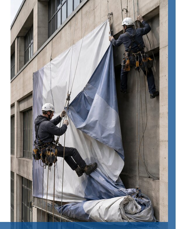 Демонтаж баннеров с фасада в Уфе от 4624 р. | ВЫСОТНИК-Уфа