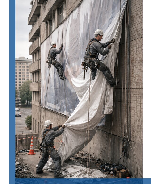 Демонтаж баннеров с фасада в Уфе оперативно и безопасно