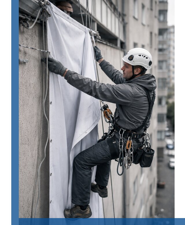 Замена баннерного полотна промышленными альпинистами в Уфе