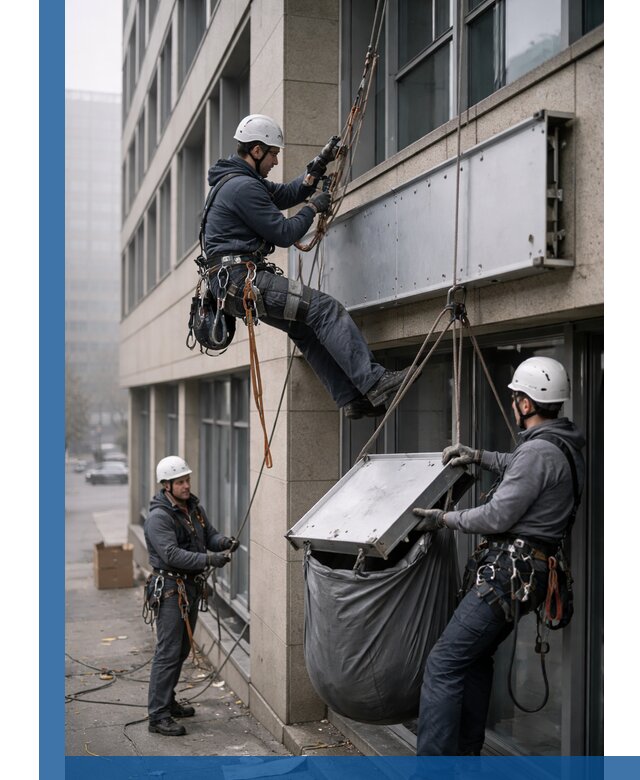 Демонтаж рекламной вывески с высотными работами в Уфе