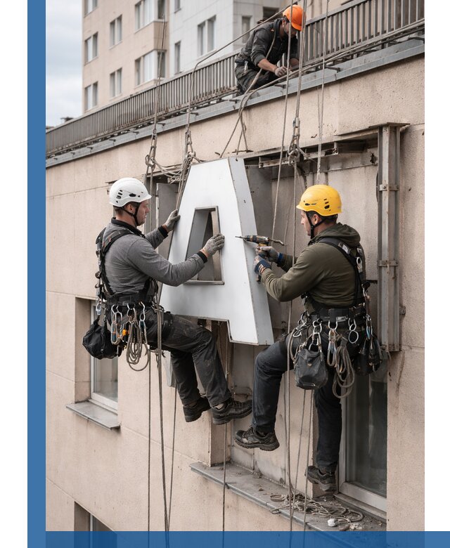Ремонт и восстановление наружных вывесок на высоте в Уфе