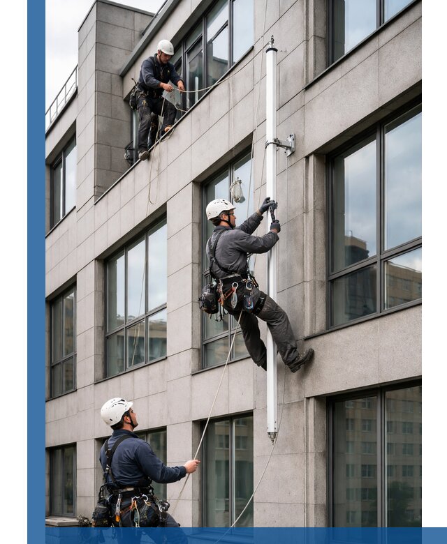 Монтаж флагштока на фасаде здания с креплением и герметикой в Уфе