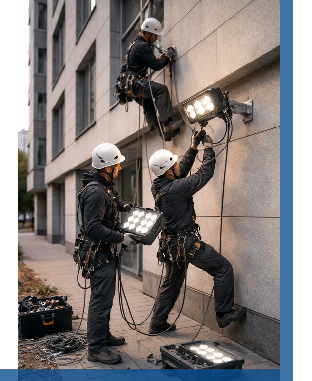 Монтаж прожекторов на фасаде в Уфе от 7706 р. | ВЫСОТНИК-Уфа