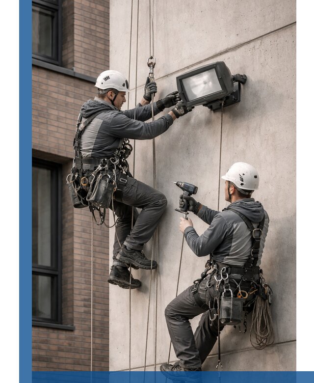 Профессиональный монтаж фасадных прожекторов в Уфе под ключ