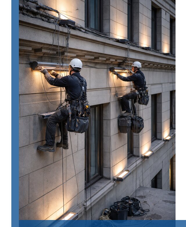 Монтаж архитектурной подсветки фасадов зданий в Уфе