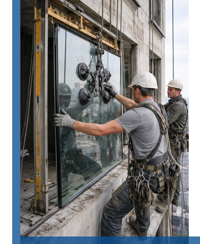 Монтаж стеклопакетов на высоте в Уфе с промышленным альпинизмом