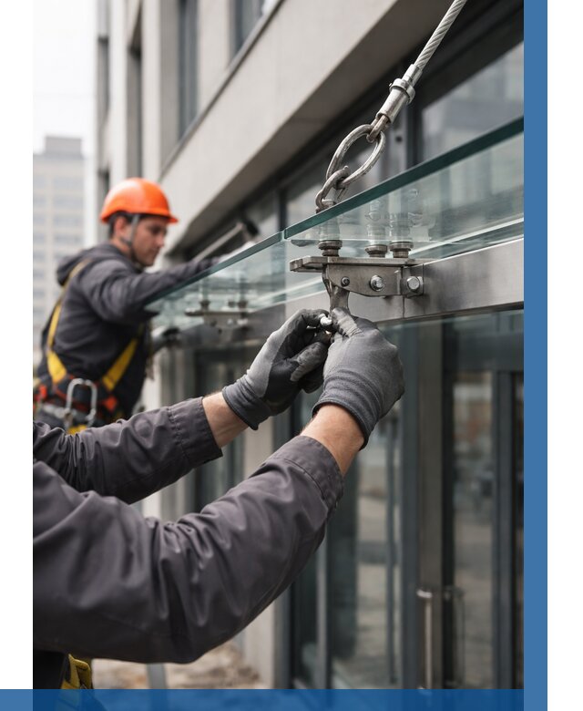 Монтаж стеклянных козырьков в Уфе от 8734 р. | ВЫСОТНИК-Уфа