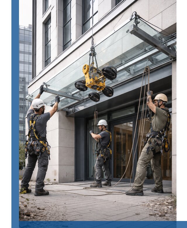 Монтаж стеклянных козырьков под ключ в Уфе для зданий