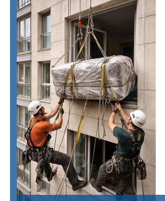 Подъем грузов через окно в Уфе промышленными альпинистами