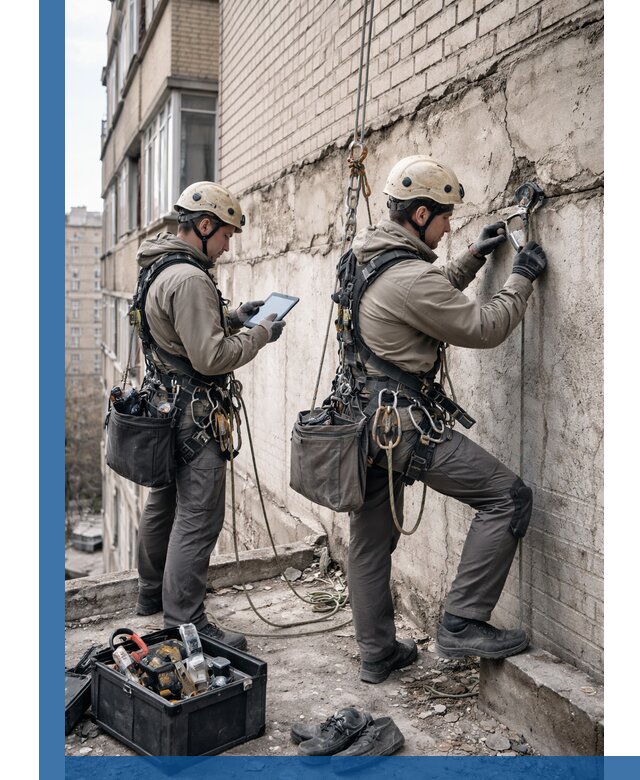 Обследование фасада промышленными альпинистами в Уфе